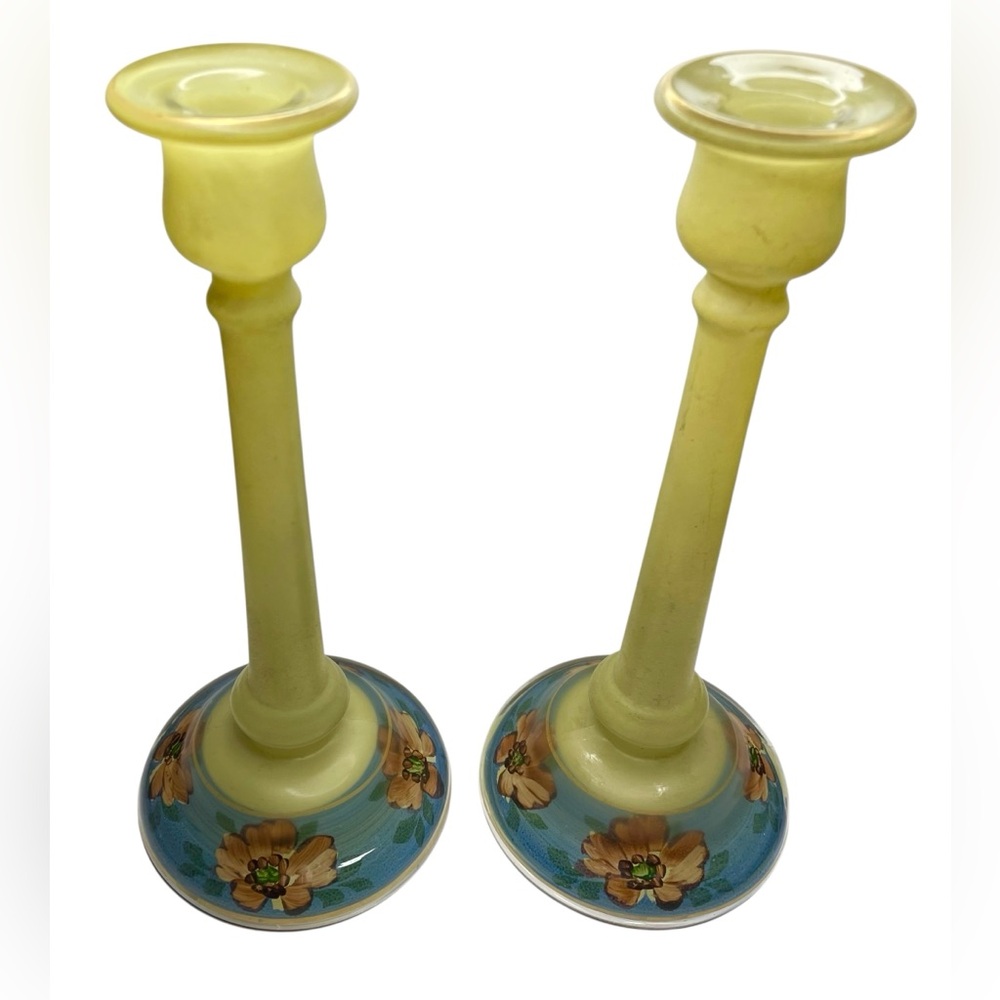 Hand-Painted Yellow Floral Ceramic Candlestick Pair